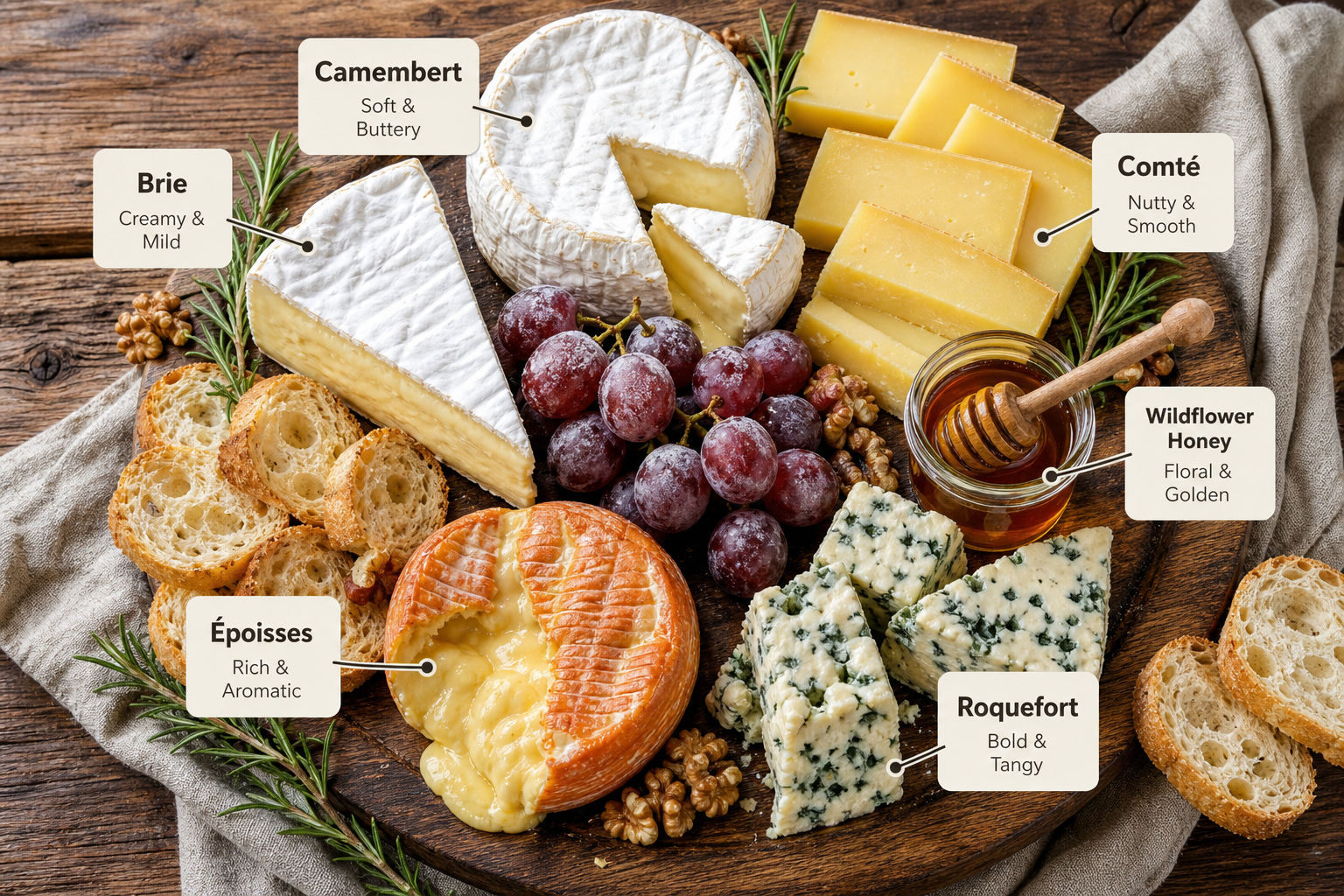A well-curated French cheese board arranges varieties from mild to intense, creating a sensory journey through different textures and terroirs.