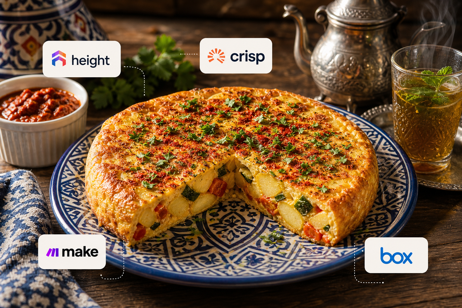 The finished Moroccan-Spanish tortilla blends golden omelette texture with bold North African aromatics and colors.