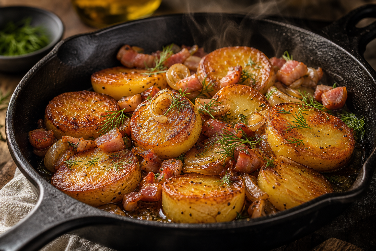 The signature Belgian finish: perfectly sautéed Nicola rounds paired with savory lardons and shallots.