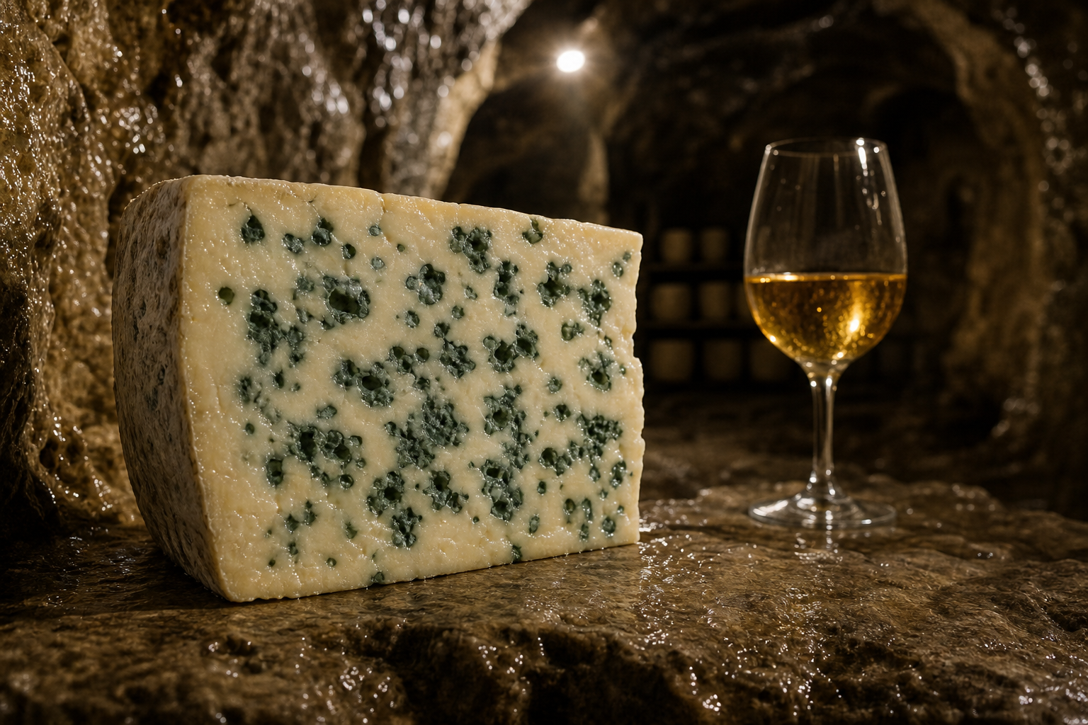 Authentic Roquefort develops its signature saline bite and blue-green marbling while aging in the natural limestone caves of Roquefort-sur-Soulzon.