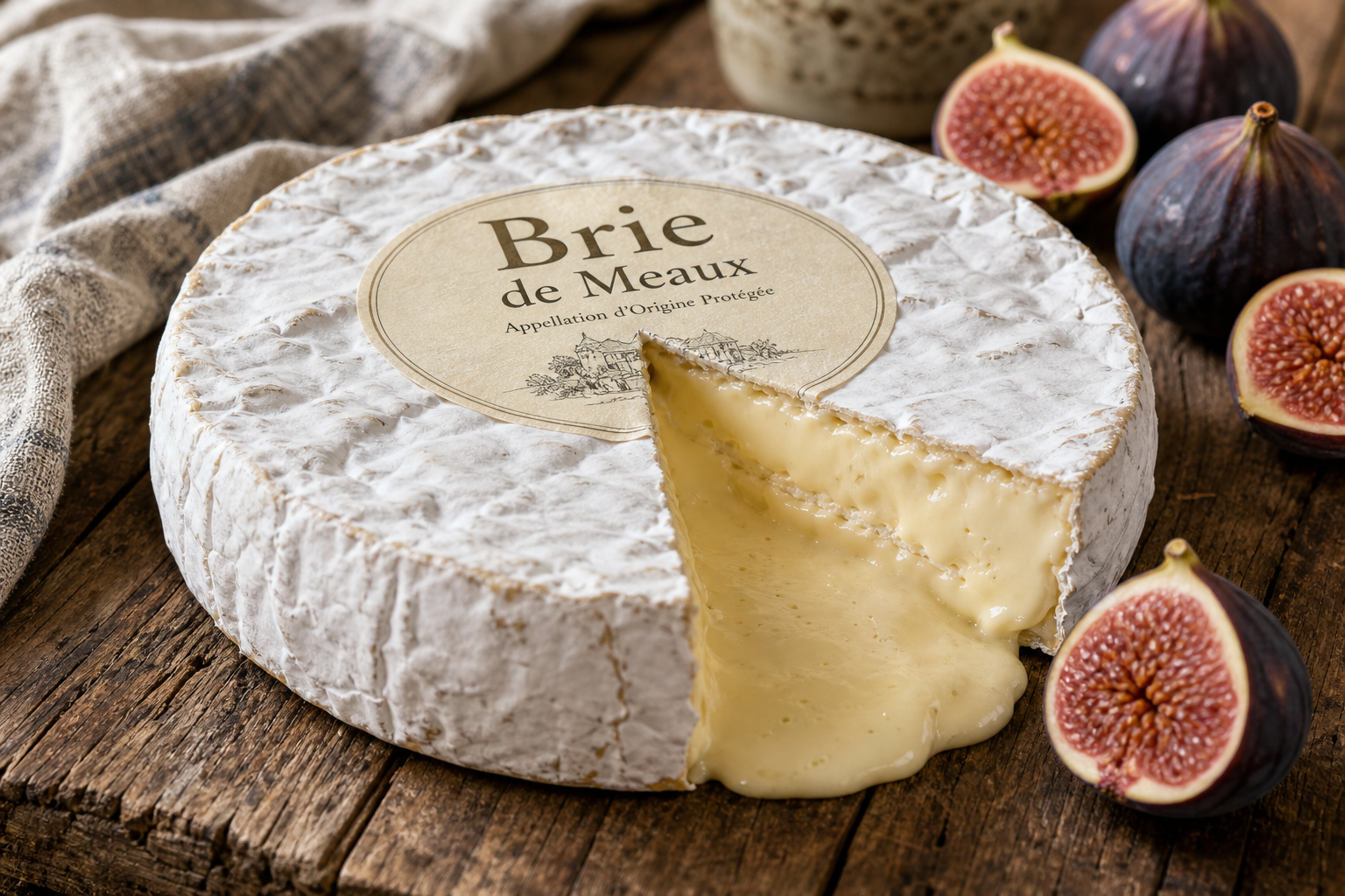Brie de Meaux, the 'King of Cheeses,' is defined by its velvety bloomy rind and a rich, buttery core that softens at room temperature.