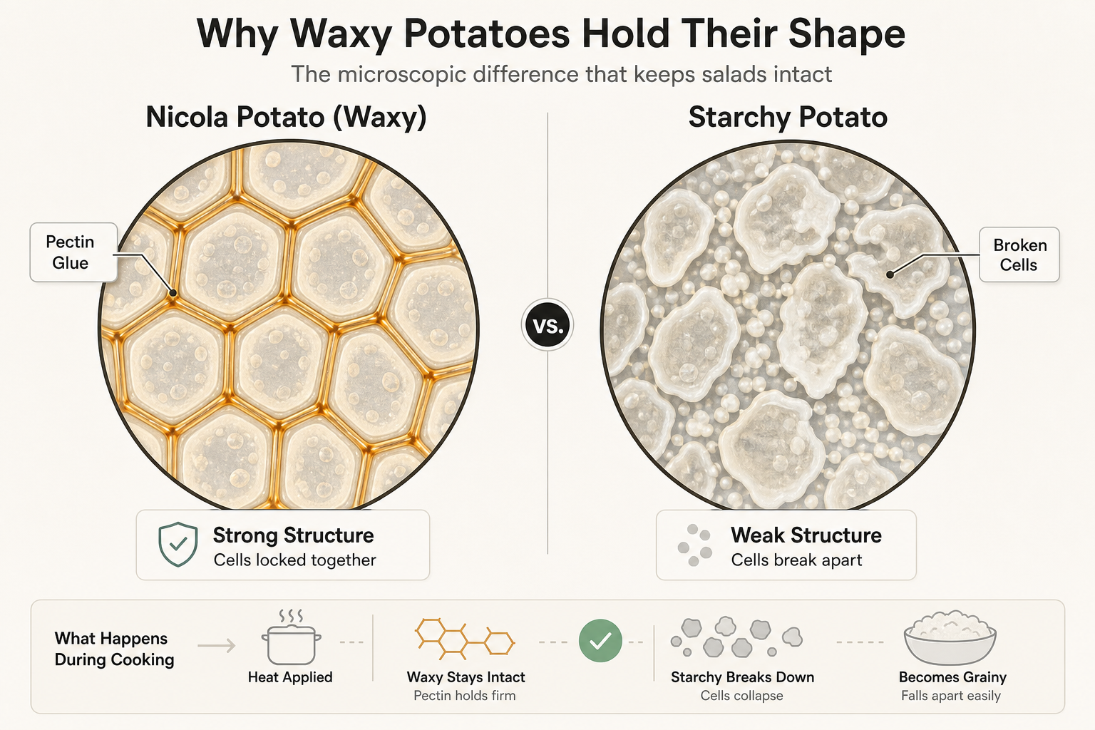 Nicola potatoes contain high levels of pectin, a natural cellular glue that maintains structural integrity during high-heat cooking.