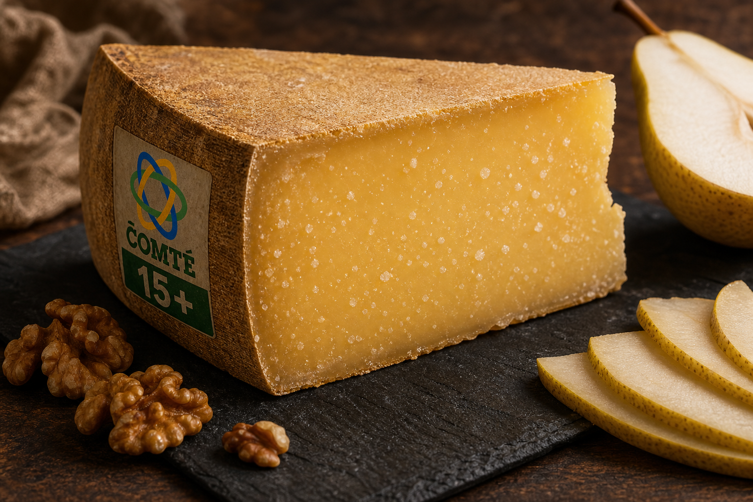 The '15+' label on aged Comté signifies a high-quality wheel, characterized by a complex nutty flavor and crunchy protein crystals.