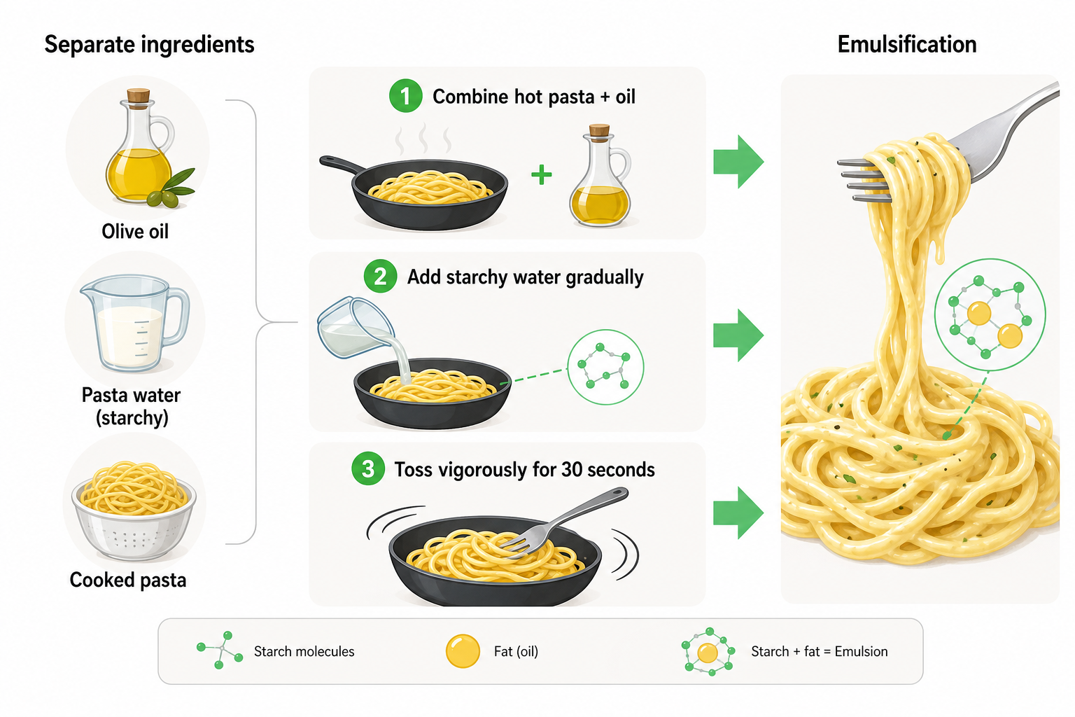 Pasta water emulsification: how starch, fat, and water combine to create a creamy sauce