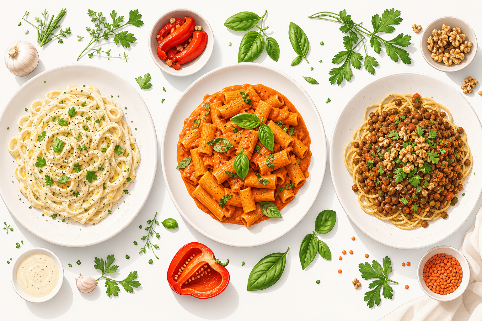 Vegan pasta dishes with fresh herbs and roasted vegetables on a light background