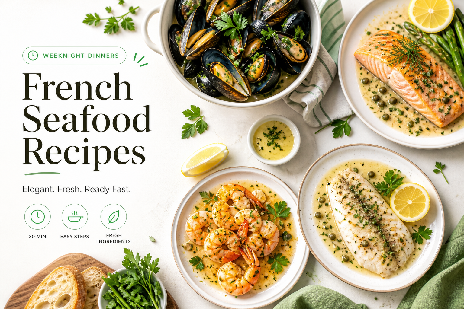 Elegant spread of French seafood dishes including mussels, salmon, and shrimp with fresh herbs and lemon garnishes