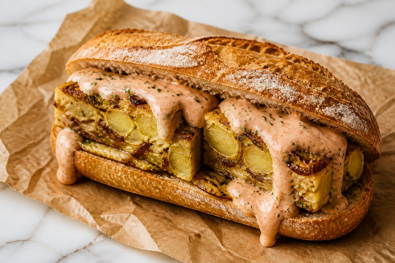 Serving thick tortilla wedges inside a crusty baguette creates the iconic Moroccan Bocadillo, a staple of Mediterranean street food.