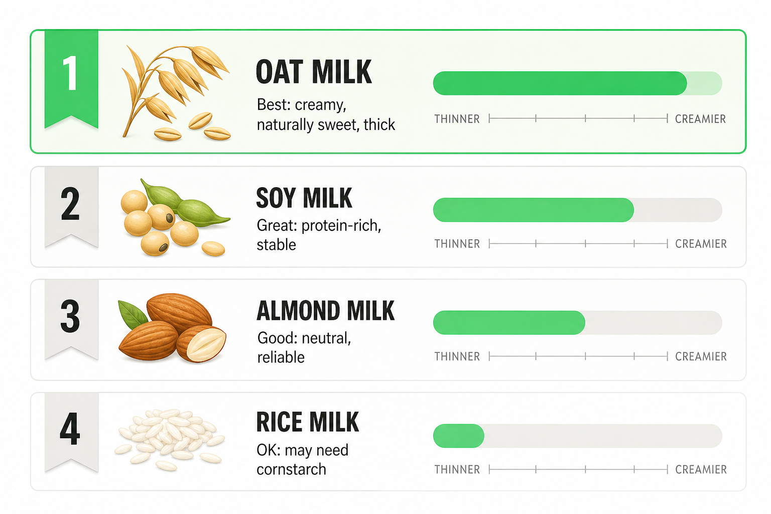 Plant milk ranking for pasta sauces: oat milk is best, followed by soy, almond, and rice milk