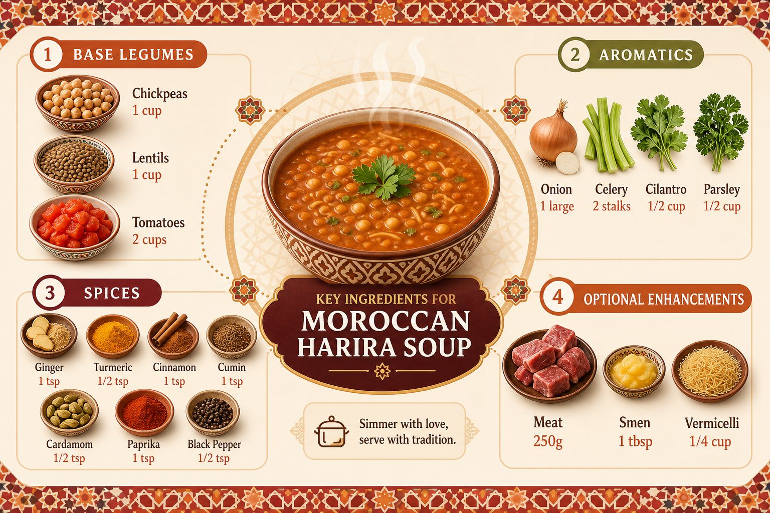 Key ingredients for authentic moroccan harira soup displayed in organized groups: base legumes, aromatics, warming spices, and optional enhancements arranged around a central steaming bowl.
