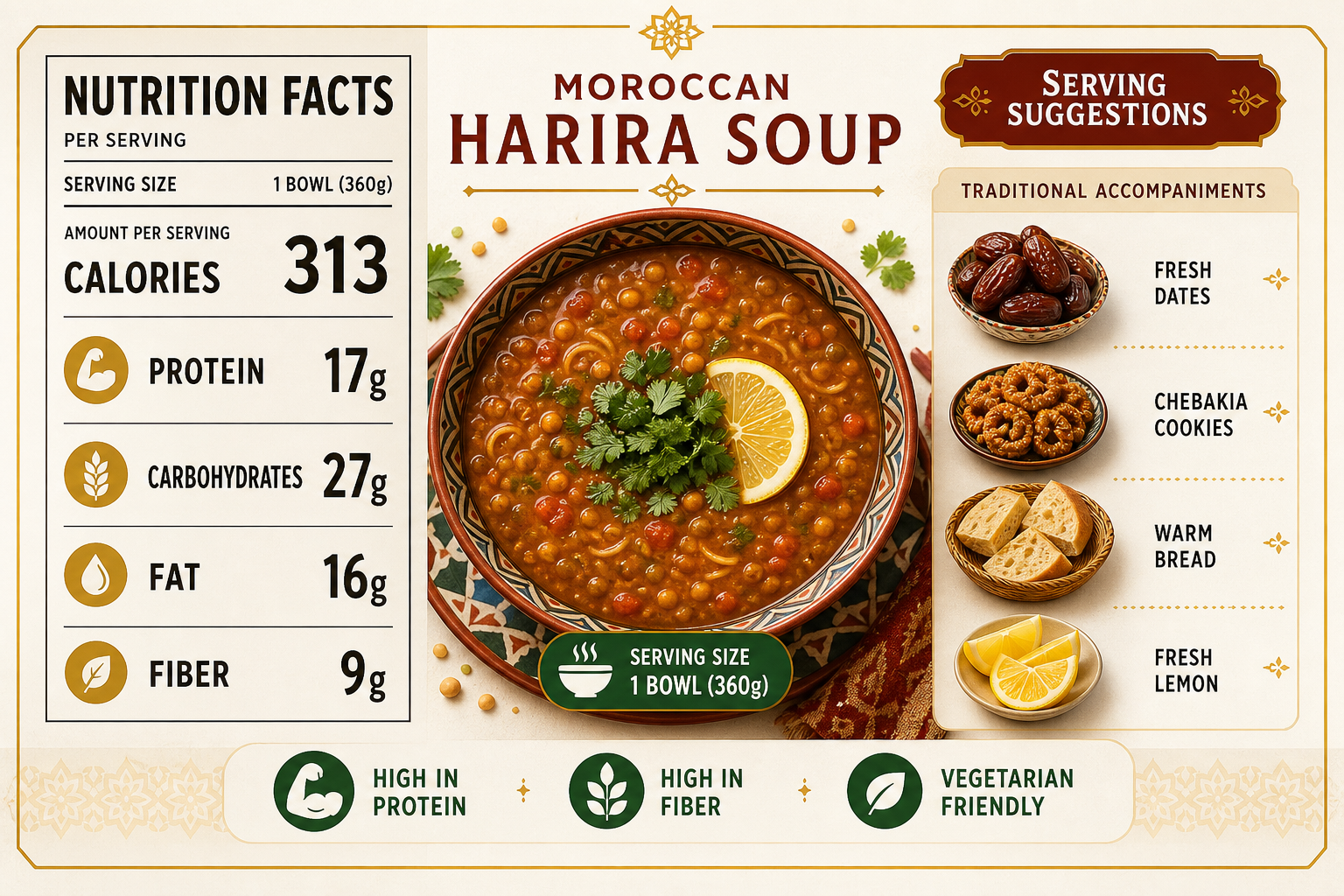 Nutritional information per serving - 313 calories, 17g protein, 27g carbohydrates, 9g fiber - with serving suggestions including dates, bread, and fresh lemon.