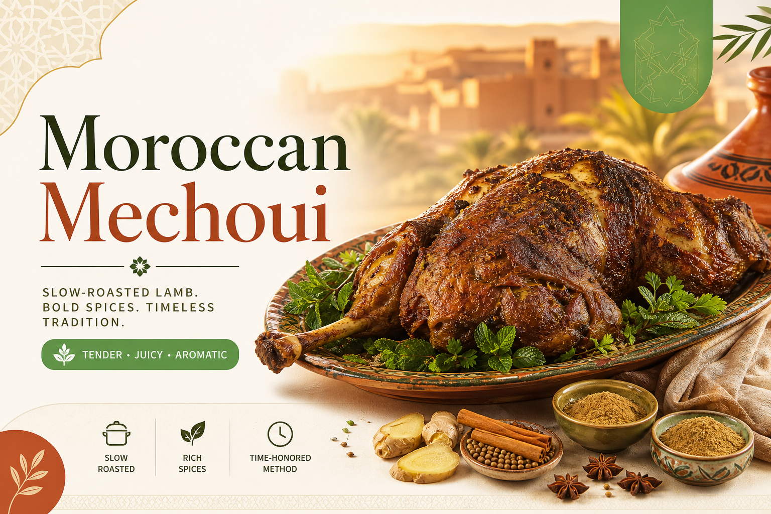 Golden-hour roasted whole lamb on a traditional serving platter with Moroccan spices