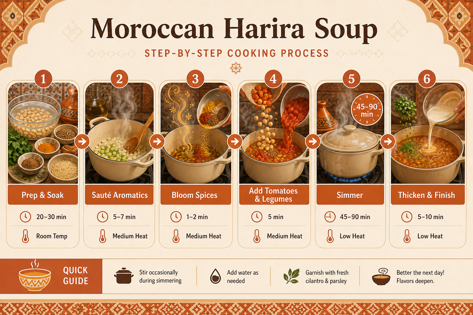 Step-by-step cooking flowchart showing six stages of making harira: prep and soak, sauté aromatics, bloom spices, add ingredients, simmer, and finish with thickener and fresh herbs.
