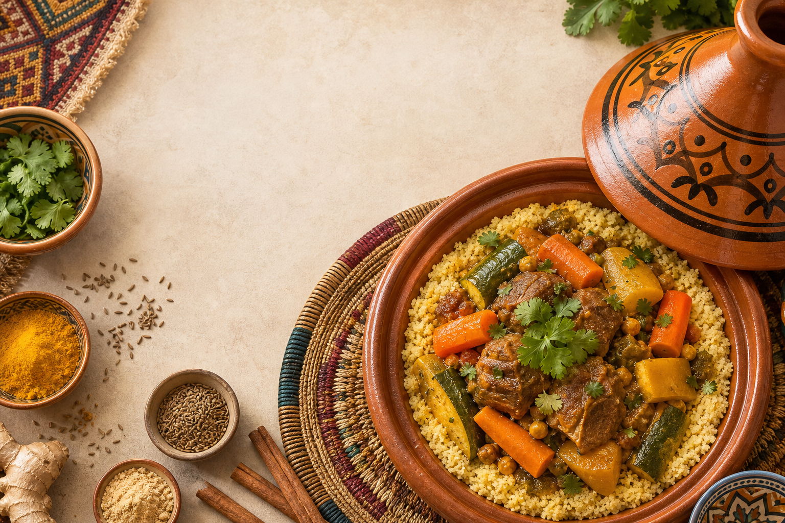 Traditional moroccan couscous served in a clay tagine with vegetables and lamb