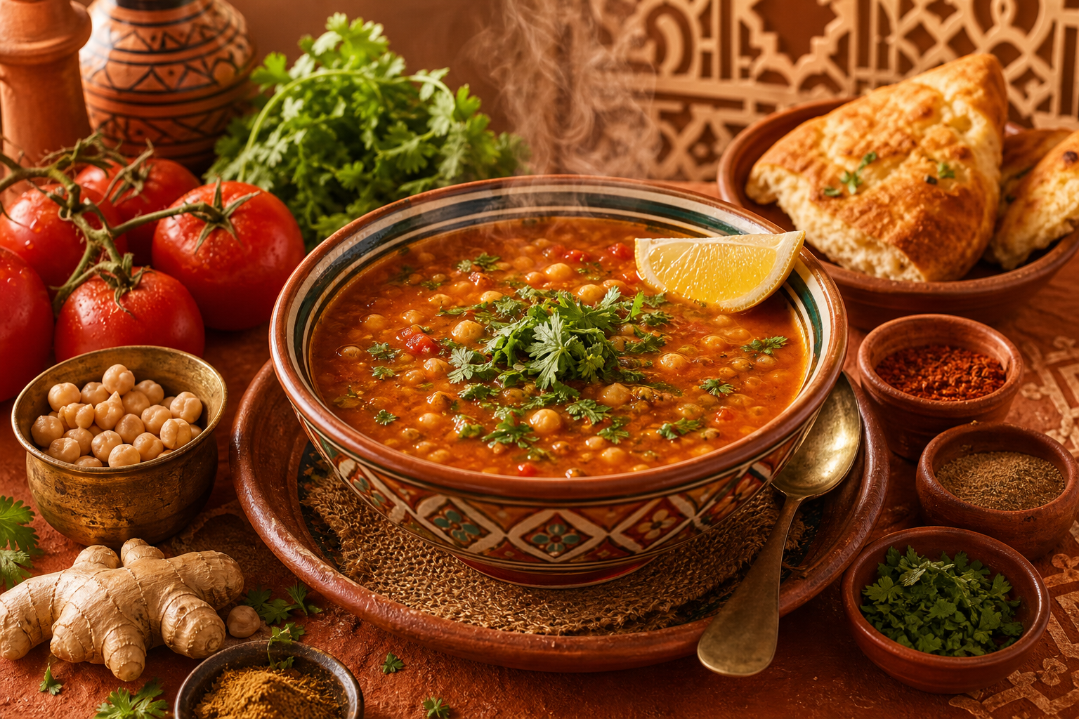 Steaming bowl of rich golden-red Moroccan harira soup garnished with fresh cilantro and served with warm bread