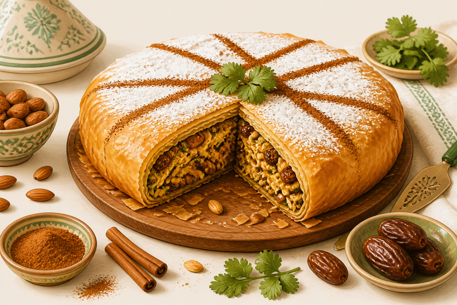 Golden-brown Moroccan bastilla with crispy phyllo crust, dusted with powdered sugar and cinnamon, showing shredded chicken and almond filling